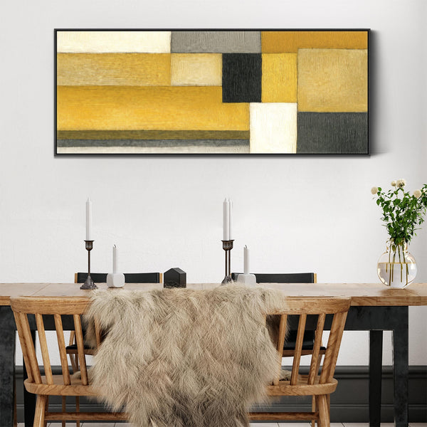 Wide Mustard Yellow Grey Framed Horizontal Canvas Wall Art - Abstract Steps