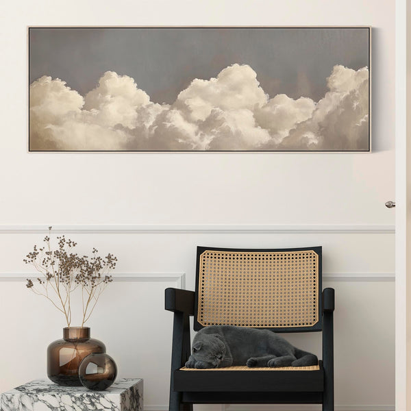 Clouds Abstract Modern Framed Panoramic Artwork Grey White Horizontal Wall Art