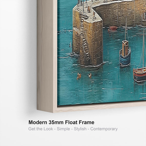 Coastal Cornwall Harbour Wide Framed Horizontal Wall Art in Blue