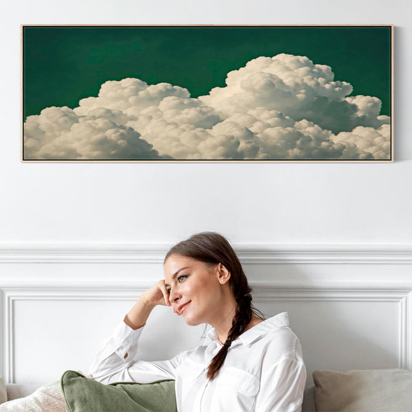 Wide Emerald Green Clouds Panoramic Framed Wall Art Canvas