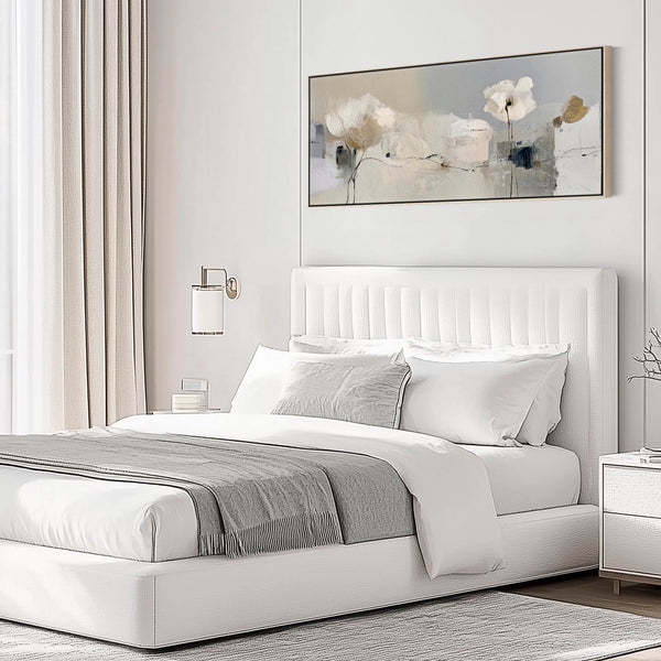Neutral Cream Grey Long Wide Wall Art Canvas for Bedroom