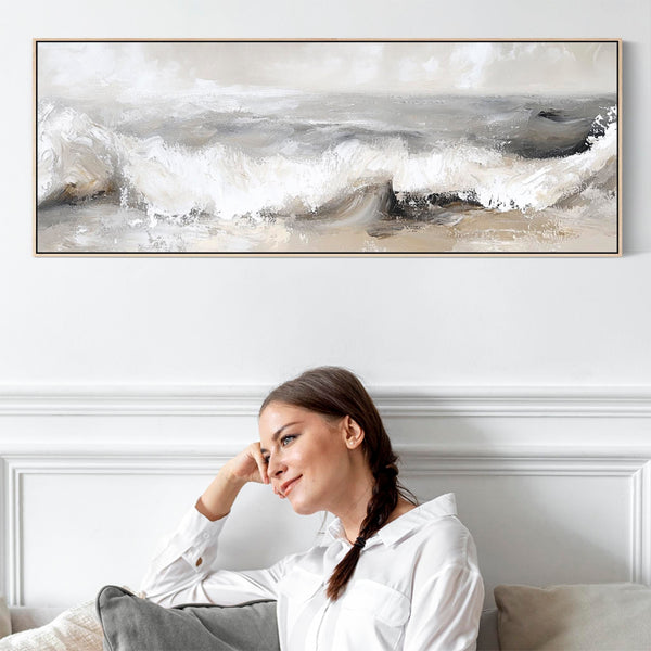 Greige Abstract Framed Wall Art Canvas Neutral Grey Narrow Panoramic