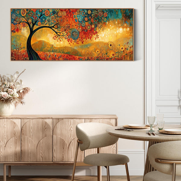 Wide Gustav Klimt inspired Framed Canvas Picture - Orange Teal