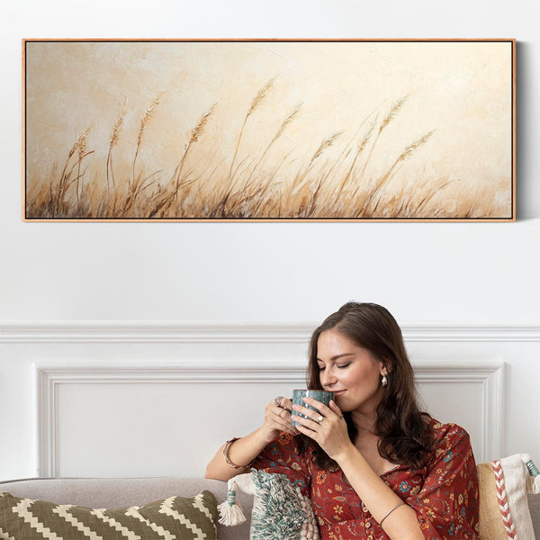 Neutral Beige Horizontal Panoramic Wide Framed Canvas Artwork