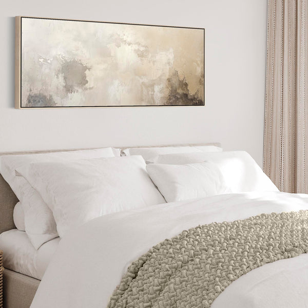 Wide Beige Neutral Framed Artwork on Canvas Abstract Panoramic for Bedroom