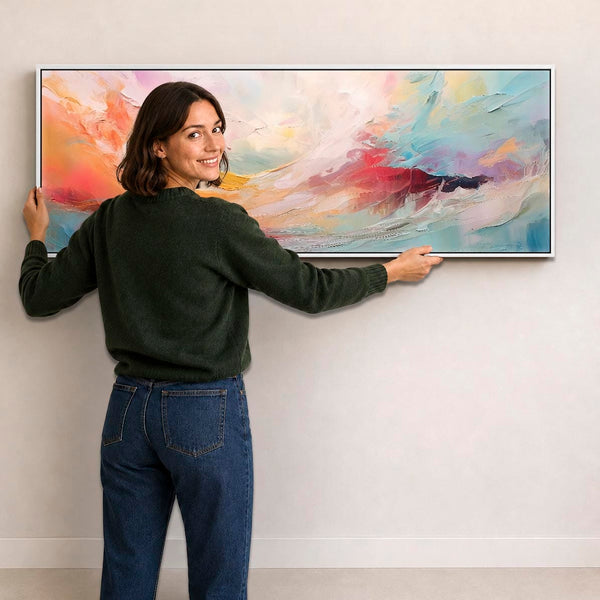Bright Colourful Abstract Framed Wide Wall Art Modern Canvas