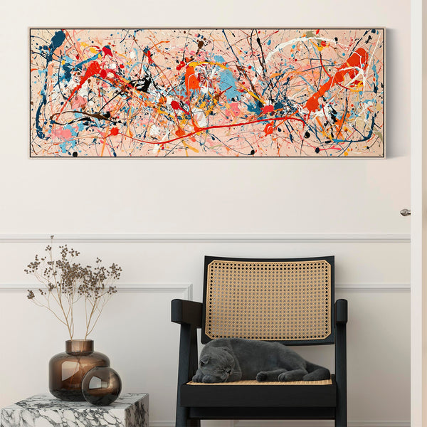 Wide Colourful Abstract Canvas Art Long Jackson Pollock Style