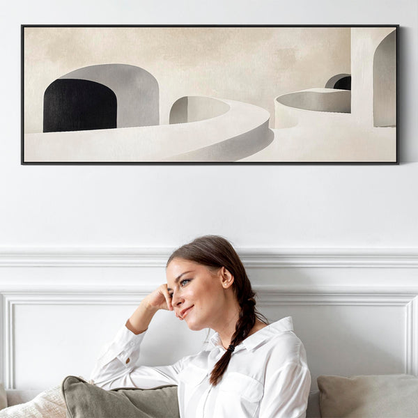 Modern Bedroom Wall Art over Bed Long Narrow Beige Black Panoramic