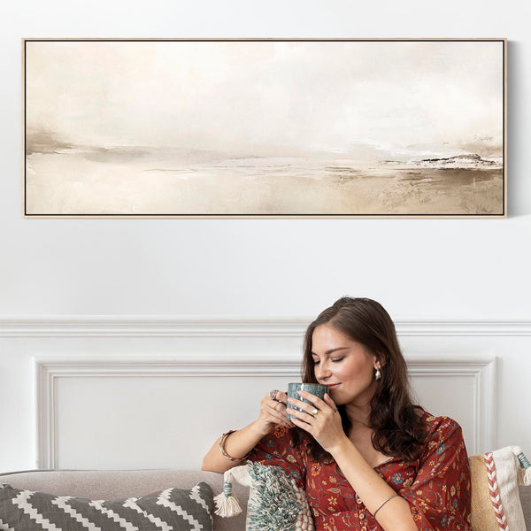Wide Framed Artwork Canvas over Bed Neutral Abstract Panoramic