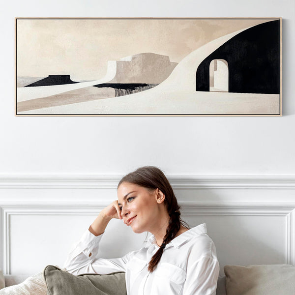Panoramic Horizontal Artwork Print on Canvas Neutral Beige Black Abstract