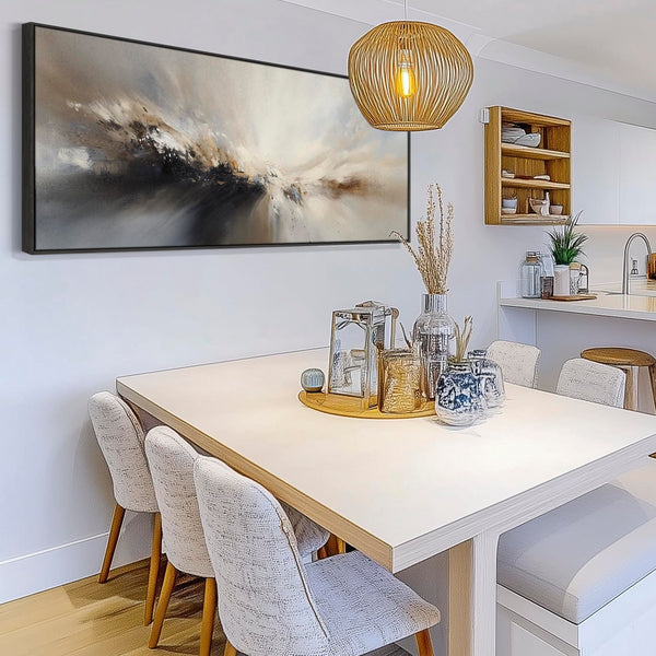 Grey Neutral Long Framed Wide Canvas Art Panoramic Abstract Landscape for Kitchen Dining Room