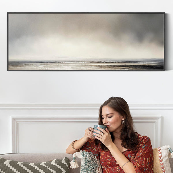Grey Neutral Long Framed Wide Canvas Art Panoramic Abstract Landscape for Kitchen