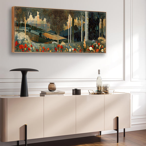 Gustav Klimt inspired Framed Canvas Wall Art Poppy Meadow Hills