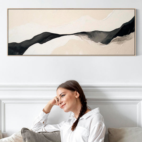 Wide Neutral Beige Black Framed Horizontal Canvas Wall Art Print