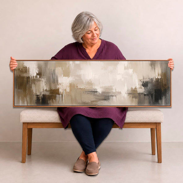 Wide Panoramic Framed Wall Art Long Nude Brown Cream Canvas