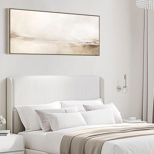 Wide Framed Artwork Canvas over Bed Neutral Abstract Panoramic