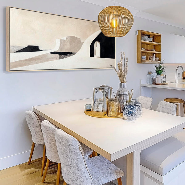 Panoramic Horizontal Artwork Print on Canvas Neutral Beige Black Abstract