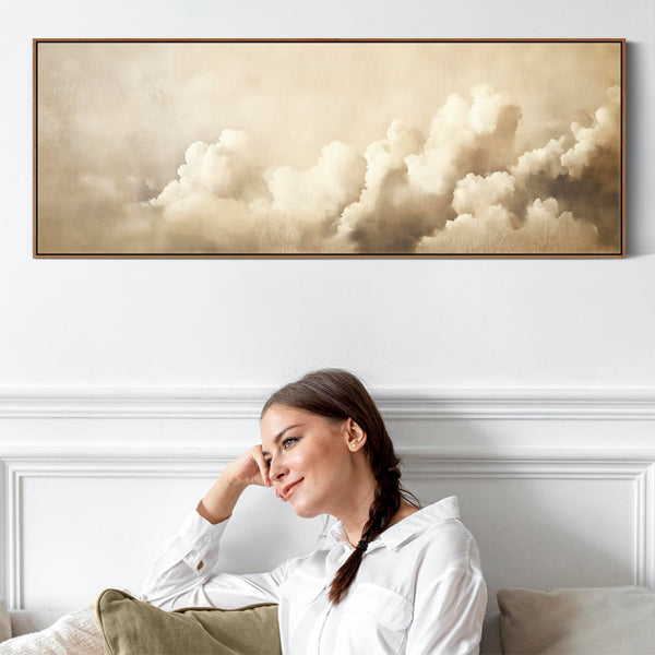 Neutral Beige Clouds Wide Narrow Framed Horizontal Wall Art Print