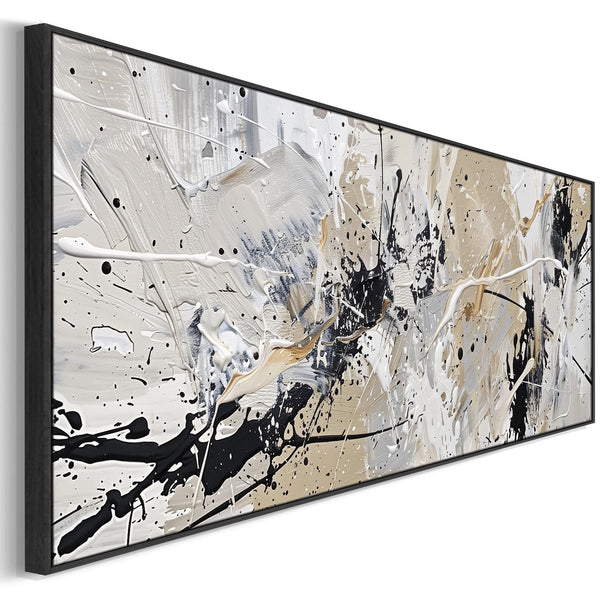 Neutral Black Jackson Pollock Style Wide Artwork Framed Horizontal Illusion