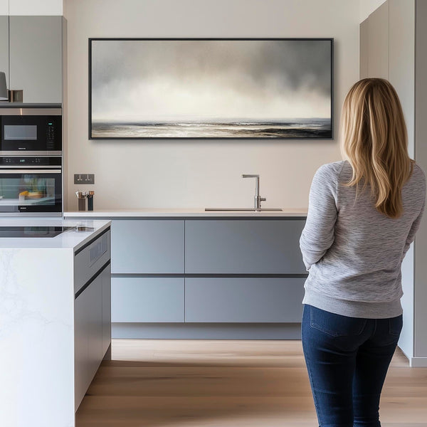 Grey Neutral Long Framed Wide Canvas Art Panoramic Abstract Landscape for Kitchen