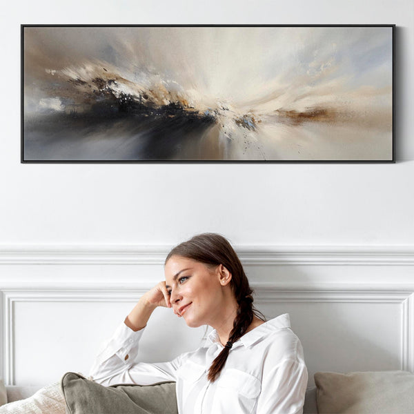 Grey Neutral Long Framed Wide Canvas Art Panoramic Abstract Landscape for Kitchen Dining Room