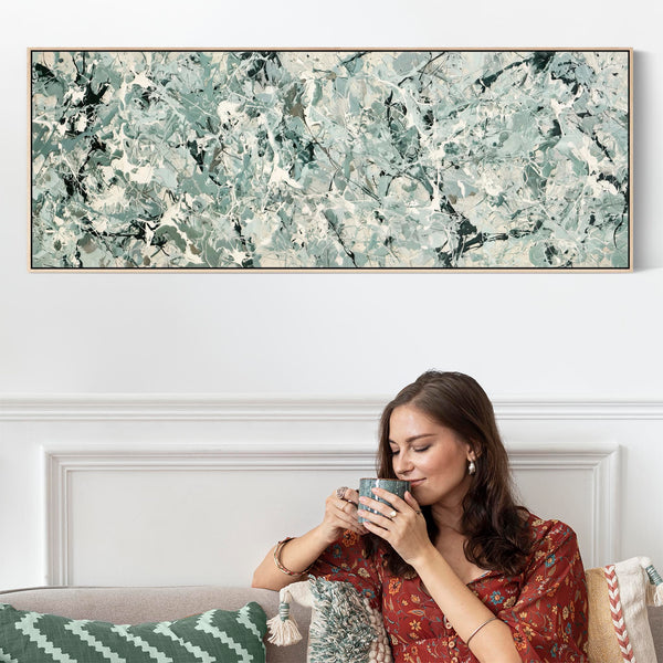 Wide Sage Green Horizontal Canvas - Jackson Pollock Inspired