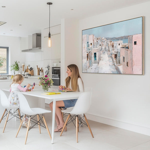 Pastel Blue Pink Framed Canvas Wall Art - Aegean Island Passage