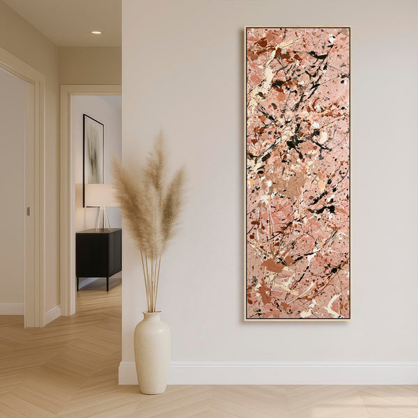 Tall Framed Abstract Wall Art Peach Pink Jackson Pollock Style