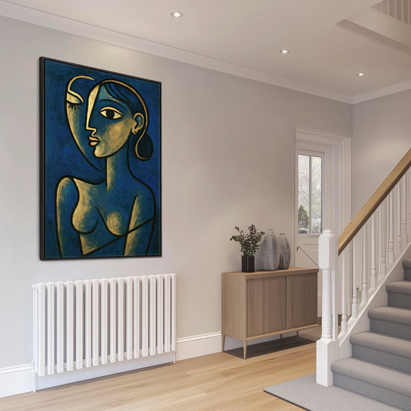 Blue Abstract Framed Canvas Print Picasso Style - Thoughtful Silence