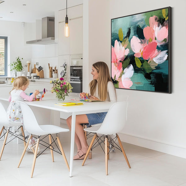 Large Abstract Floral Canvas Wall Art Framed - Pink Green