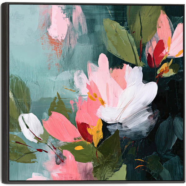 Square Pink Green Abstract Floral Canvas Framed Wall Art
