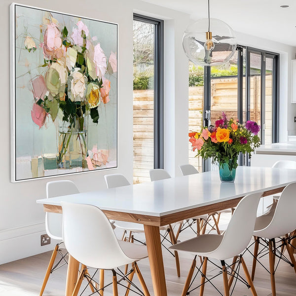 Upright Framed Canvas Wall Art - Floral Pink Green Abstract