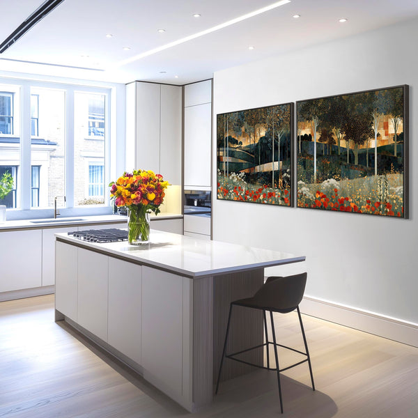 Extra Large Gustav Klimt Inspired Set 2 Framed Canvas - Poppies