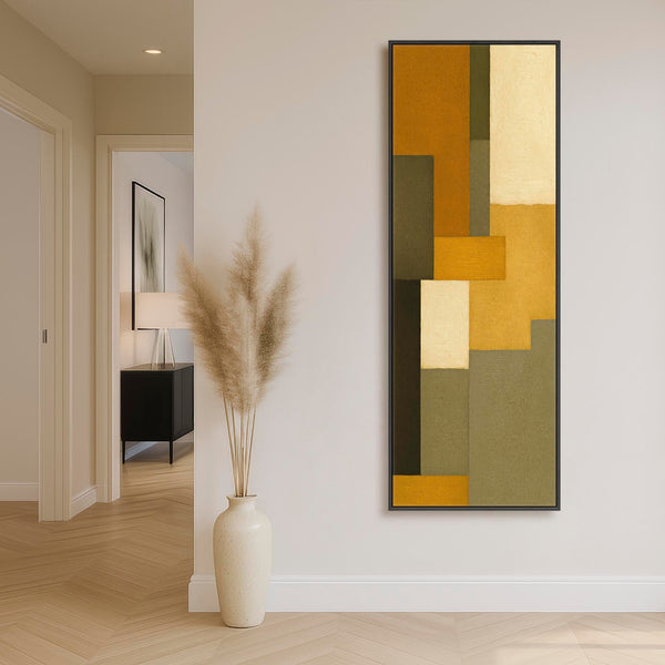 Tall Mustard Green Narrow Framed Canvas Abstract - Earthy Tones