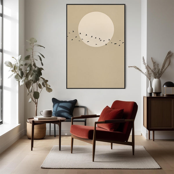 Neutral Beige Japandi Birds Framed Artwork on Canvas