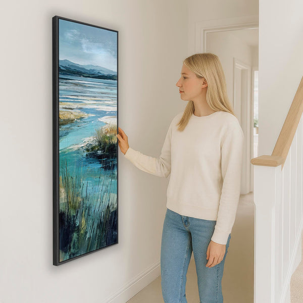 Tall Teal Blue Framed Beach Landscape on Canvas - Serenity