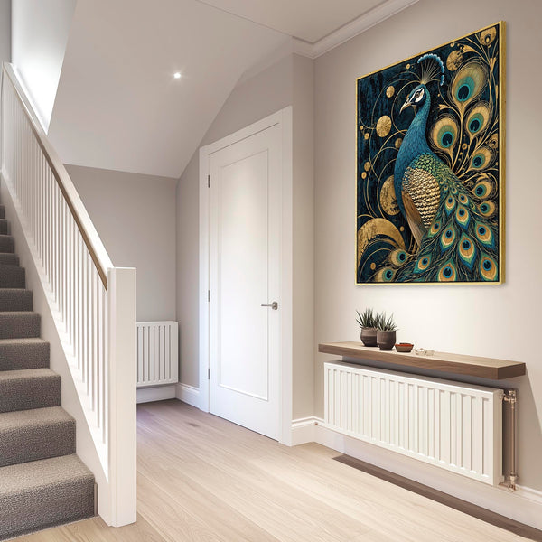 Celestial - Navy & Gold Peacock Framed Art Nouvuea Canvas Print