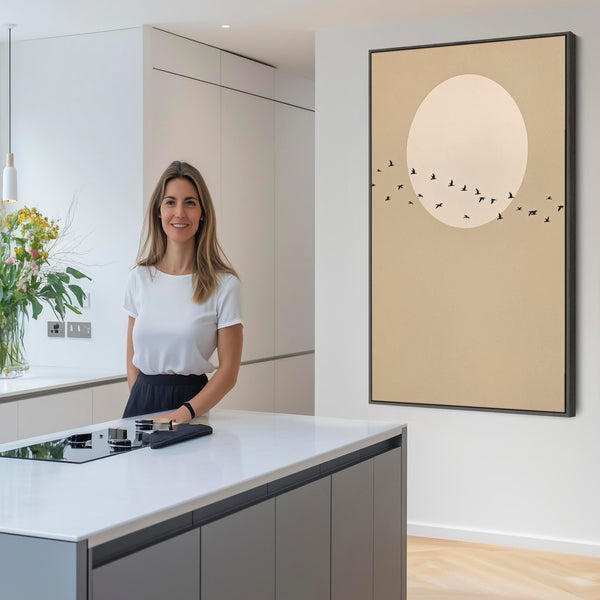 Neutral Beige Japandi Birds Framed Artwork on Canvas