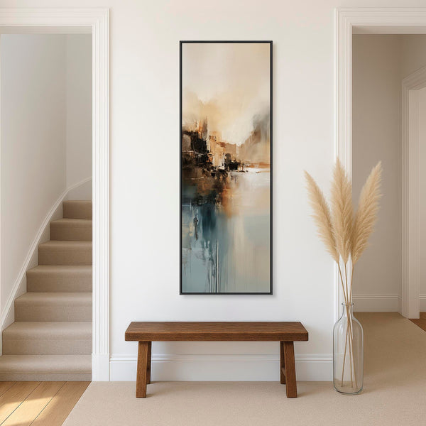 Teal Gold Framed Vertical Wall Art Canvas - Misty Calm