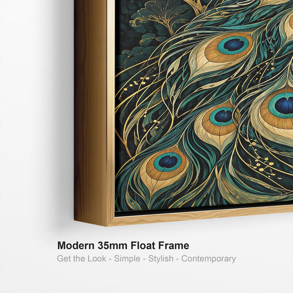 Opulence - Teal & Gold Peacock - Art Nouveau Framed Wall Canvas