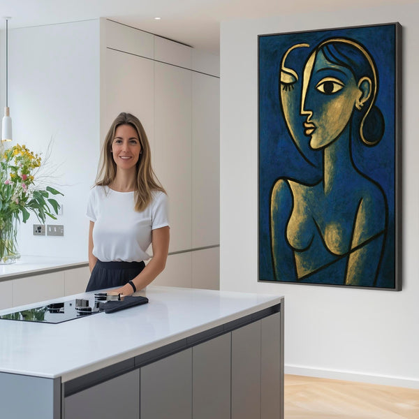 Blue Abstract Framed Canvas Print Picasso Style - Thoughtful Silence