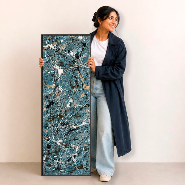 Tall Teal Blue Abstract Vertical Wall Art - Pollock Inspired