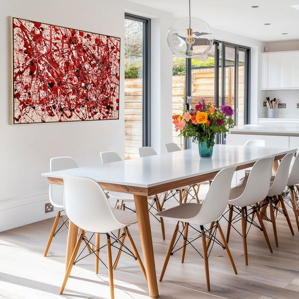 Large Red Cream Framed Jackson Pollock Drip Style Canvas Art