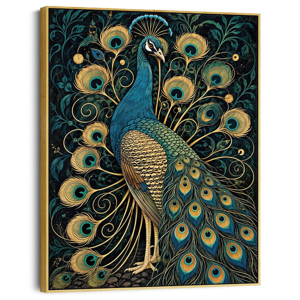 Regalia - Navy & Gold Peacock Framed Maximalist Canvas Artwork