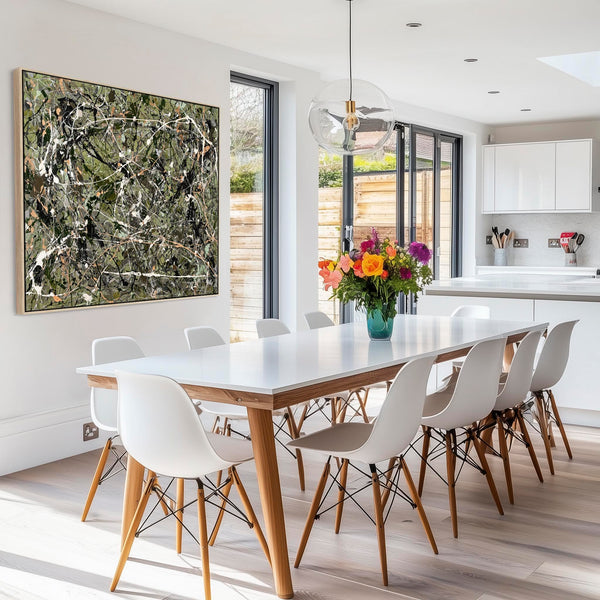 Kitchen Wall Art - Framed Jackson Pollock Style - Sage Abstract