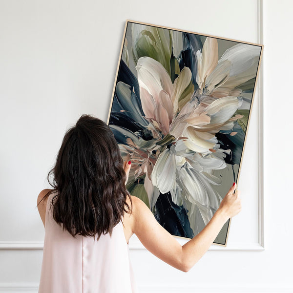 Sage Green Pink Floral Canvas Art Picture Framed - Opulence