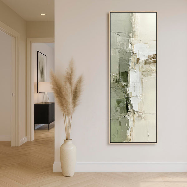 Tall Sage Green Cream Framed Wall Art - Abstract Canvas - Anya