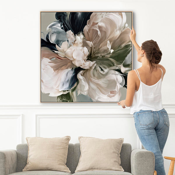 Sage Green Pink Floral Canvas Picture Framed - Blush Bloom