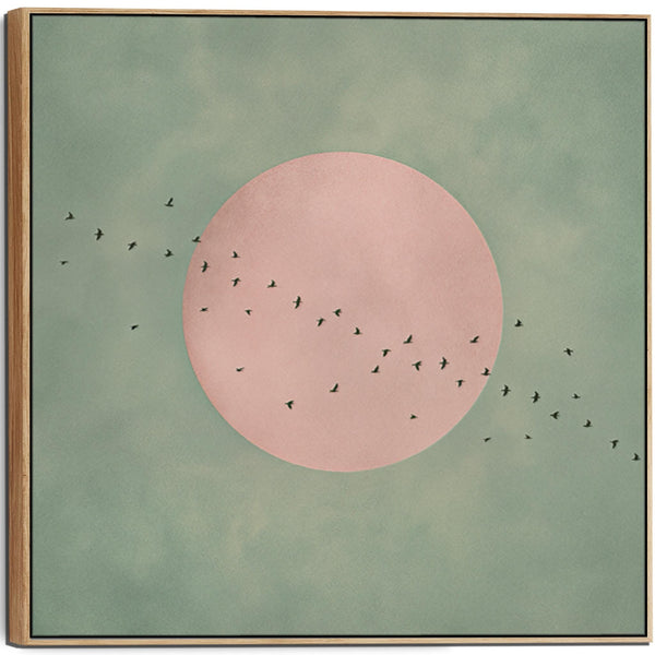 Framed Sage Green Pink Japandi Canvas Wall Art Moon Birds