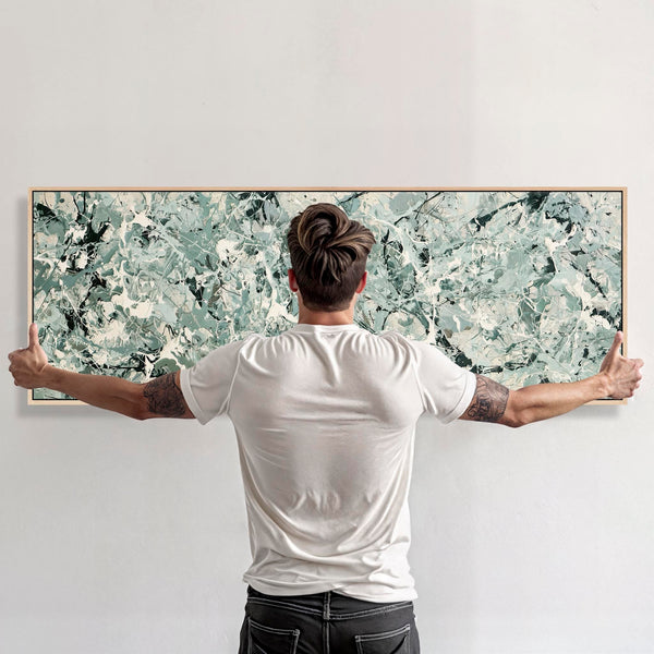 Wide Sage Green Horizontal Canvas - Jackson Pollock Inspired